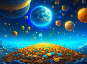 Космос, планеты, на земле лежит куча золотых монет