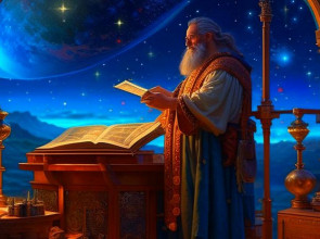 старый астролог на фоне ночного неба