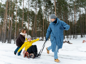 семья катается на санках