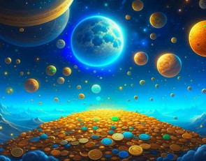 Космос, планеты, на земле лежит куча золотых монет