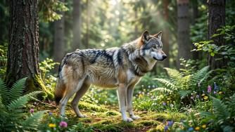 волк среди деревьев и травы