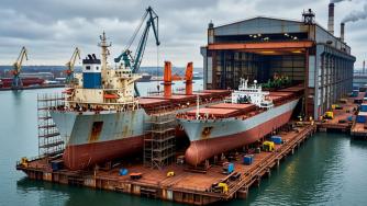 два корабля ремонтируют на верфи, строительный кран и цех