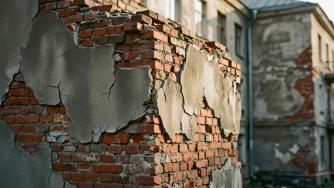кирпичная стена и облупившаяся штукатурка на каком-то здании