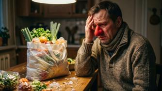 мужчина с красным носом и пакет с овощами