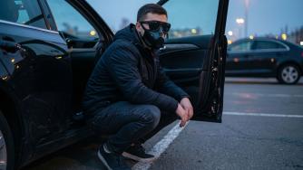 мужчина сидит на корточках у двери автомобиля