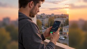 юноше смотрит на телефоне ход биржевых торгов