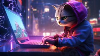 Серая кошка сидит за компьютером.
