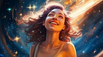 Кудрявая девушка счастливо улыбается 