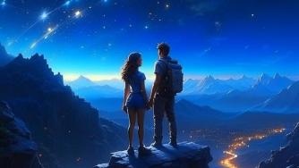 молодой человек и девушка стоят ночью на вершине горы