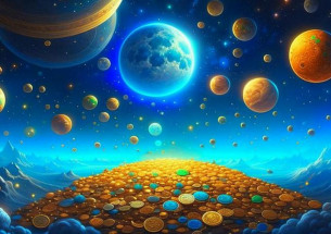 Космос, планеты, на земле лежит куча золотых монет