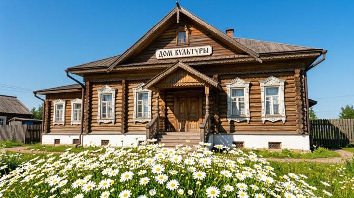деревянный дом культуры, перед ним клумба с ромашками
