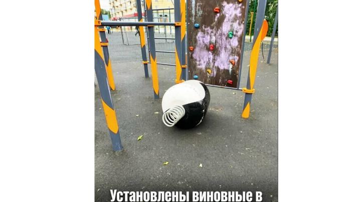 арт-объект пингвин валяется на спортивной площадке