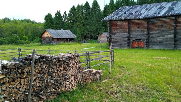 Поленница на фоне деревенского дома