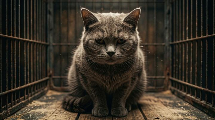кот сидит в клетке
