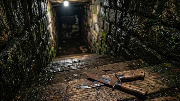 два ножа лежат на лестнице в подвале