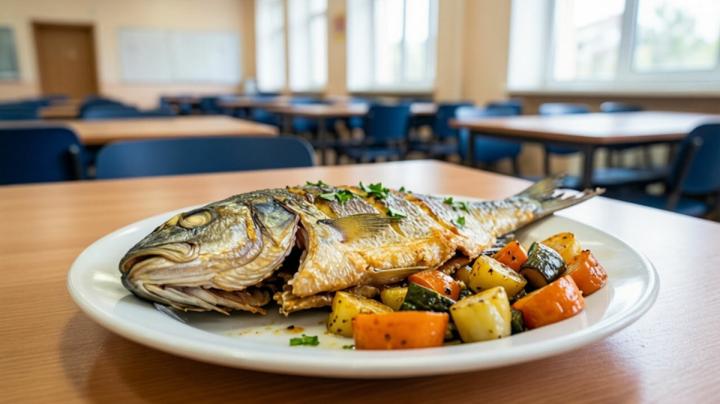 запеченная рыба на тарелке с овощами
