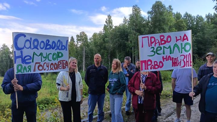 садоводы с табличками на сходе
