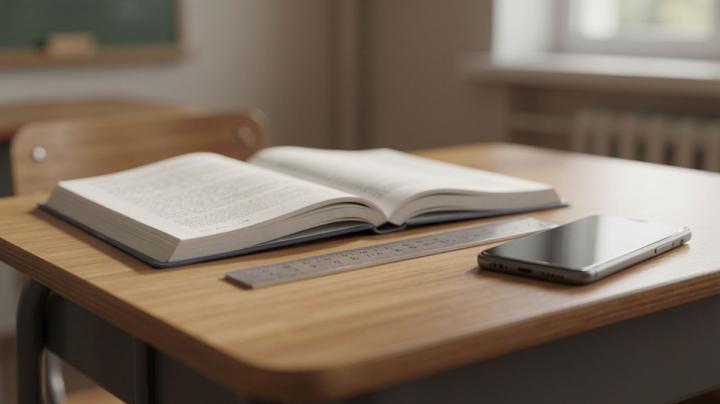 книга, линейка, телефона лежат на парте