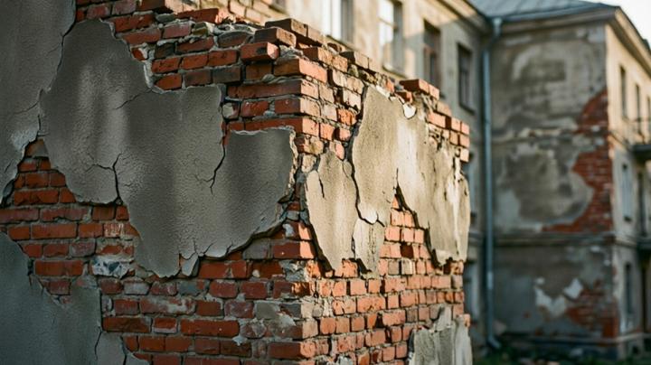 кирпичная стена и облупившаяся штукатурка на каком-то здании