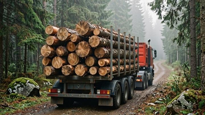 лесовоз по дороге в лесу движется