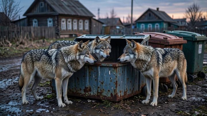 три волка около мусорных контейнеров