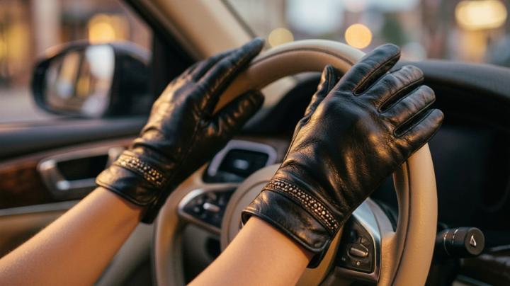 руки девушки в перчатках на руле автомобиля