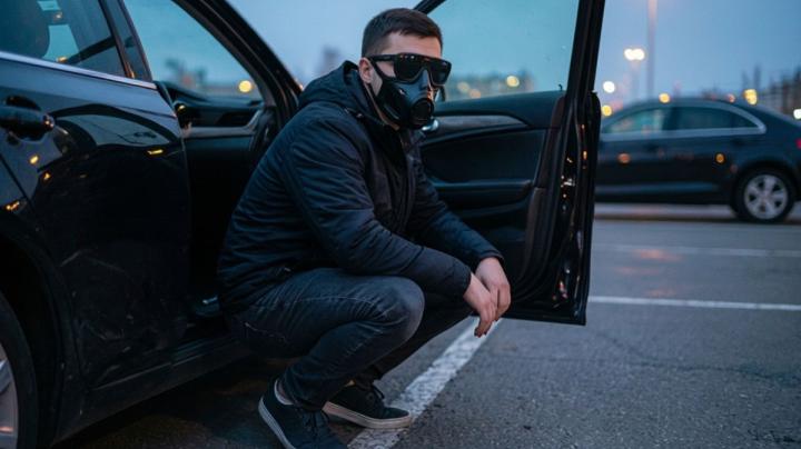 мужчина сидит на корточках у двери автомобиля