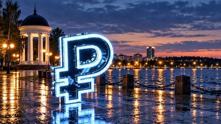 знак цифрового рубля на фоне города