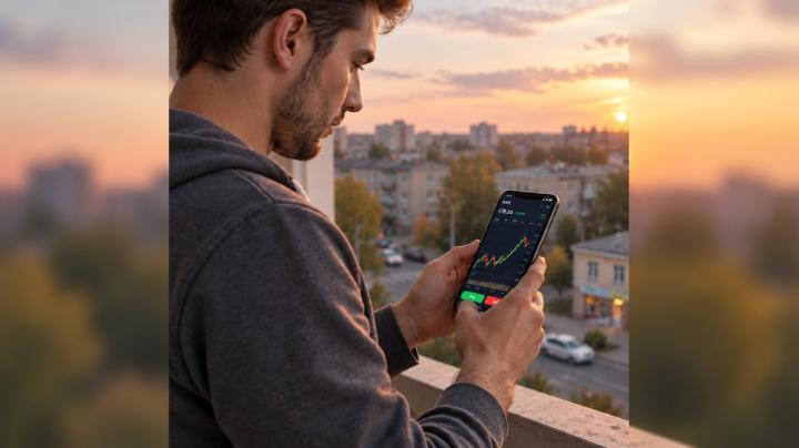 юноше смотрит на телефоне ход биржевых торгов
