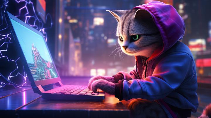 Серая кошка сидит за компьютером.
