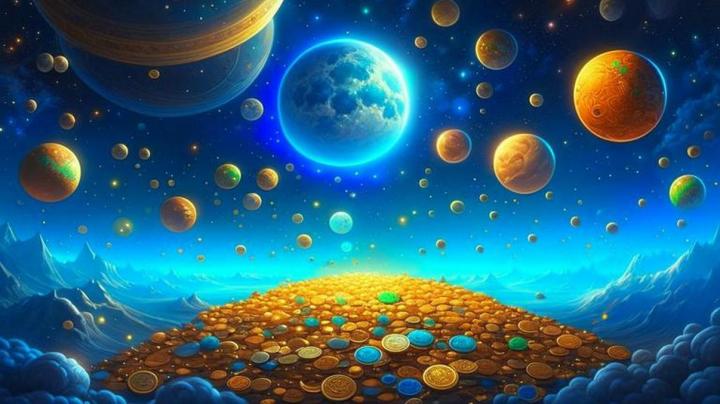 Космос, планеты, на земле лежит куча золотых монет