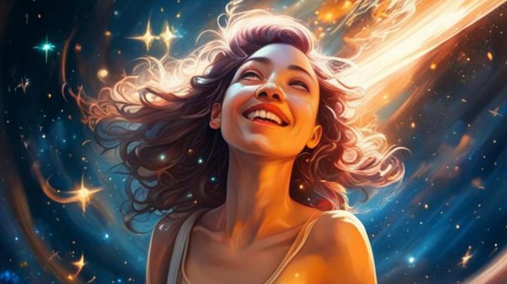 Кудрявая девушка счастливо улыбается 