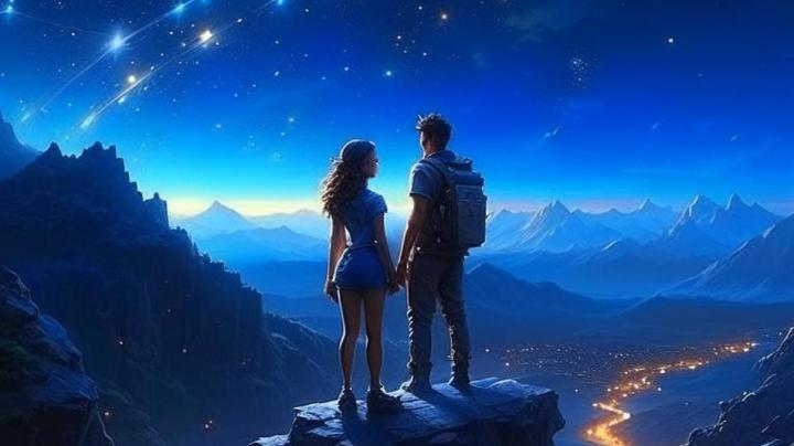 молодой человек и девушка стоят ночью на вершине горы