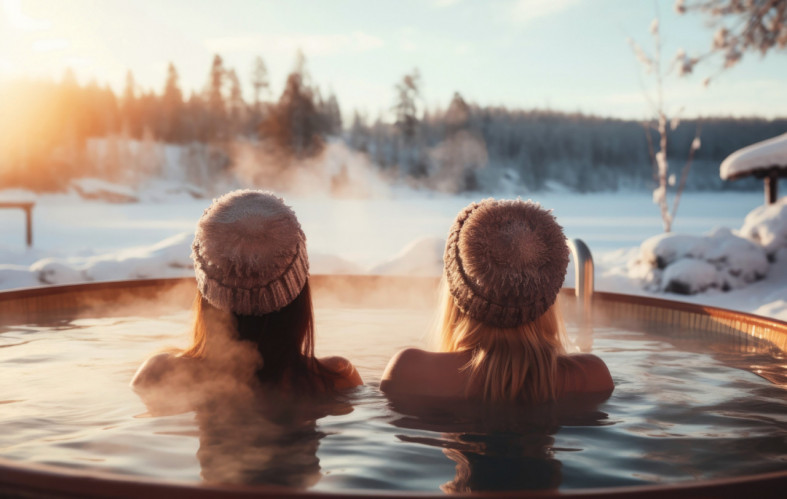 Девушки в теплом бассейне зимой