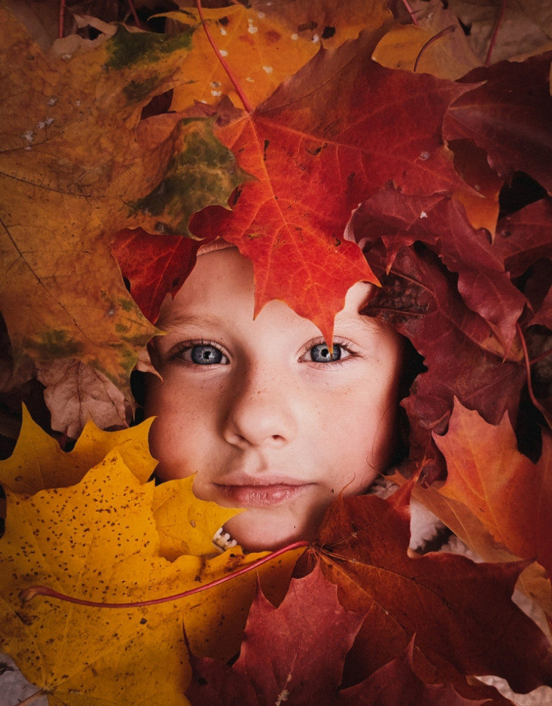 лицо девочки в кленовых листьях