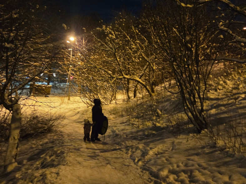 мужчина и ребенок гуляют зимой