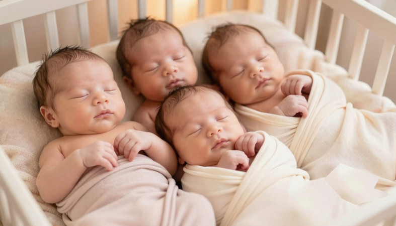 Четыре близняшки лежат в кроватке.