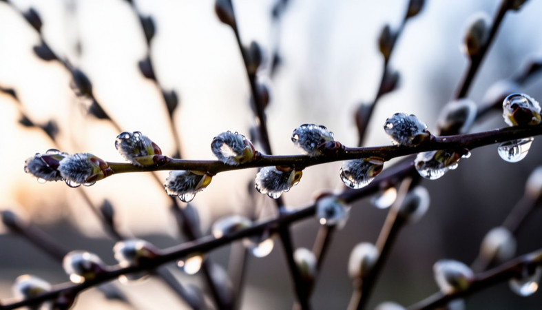 Веточка вербы в каплях воды.
