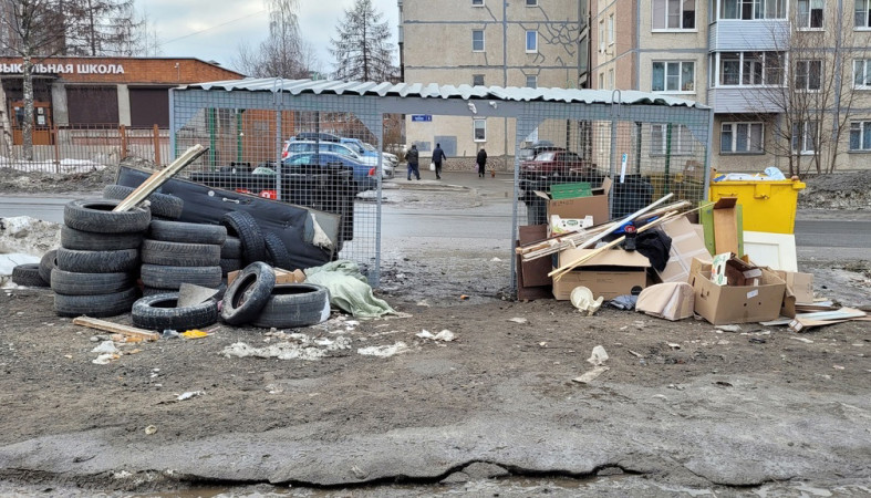 Свалка вокруг мусорной площадки во дворе.