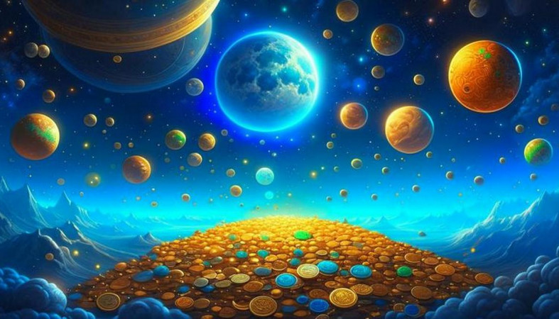 Космос, планеты, на земле лежит куча золотых монет