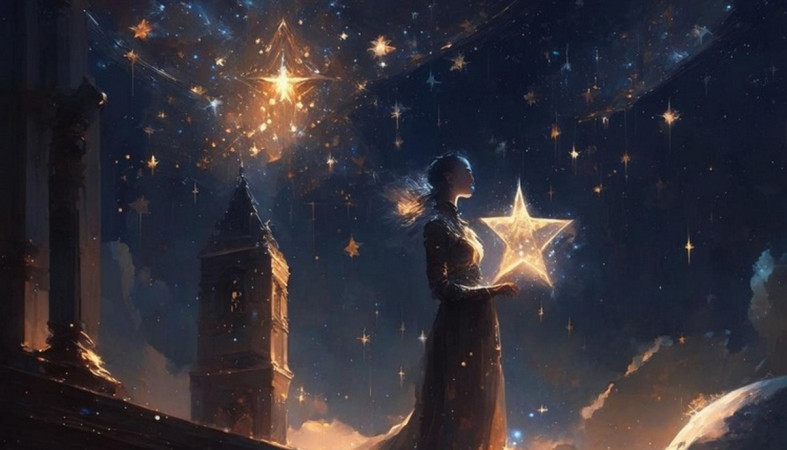 женщина со звездой на фоне ночного неба женщина со звездой на фоне ночного неба