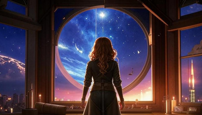 девушка смотрит на звездное небо