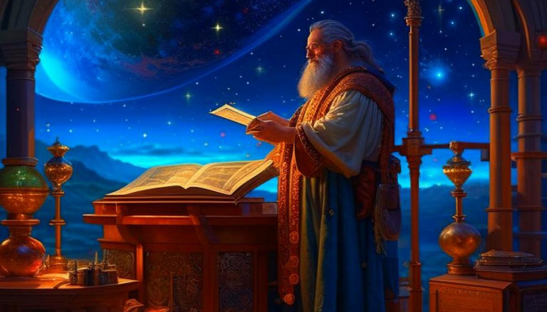 старый астролог на фоне ночного неба