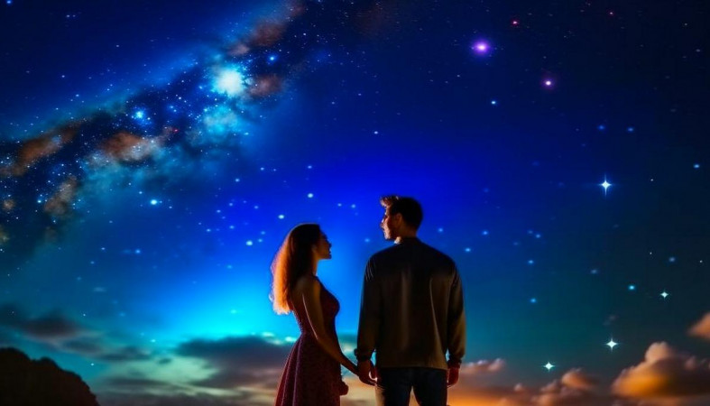 мужчина и женщина на фоне ночного неба мужчина и женщина на фоне ночного неба