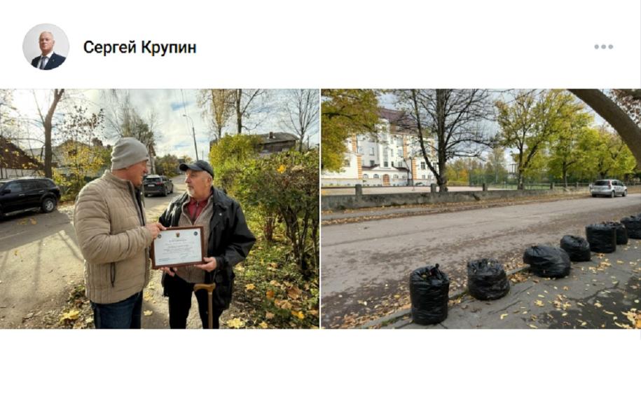 листья в мешках, Крупин и пенсионер